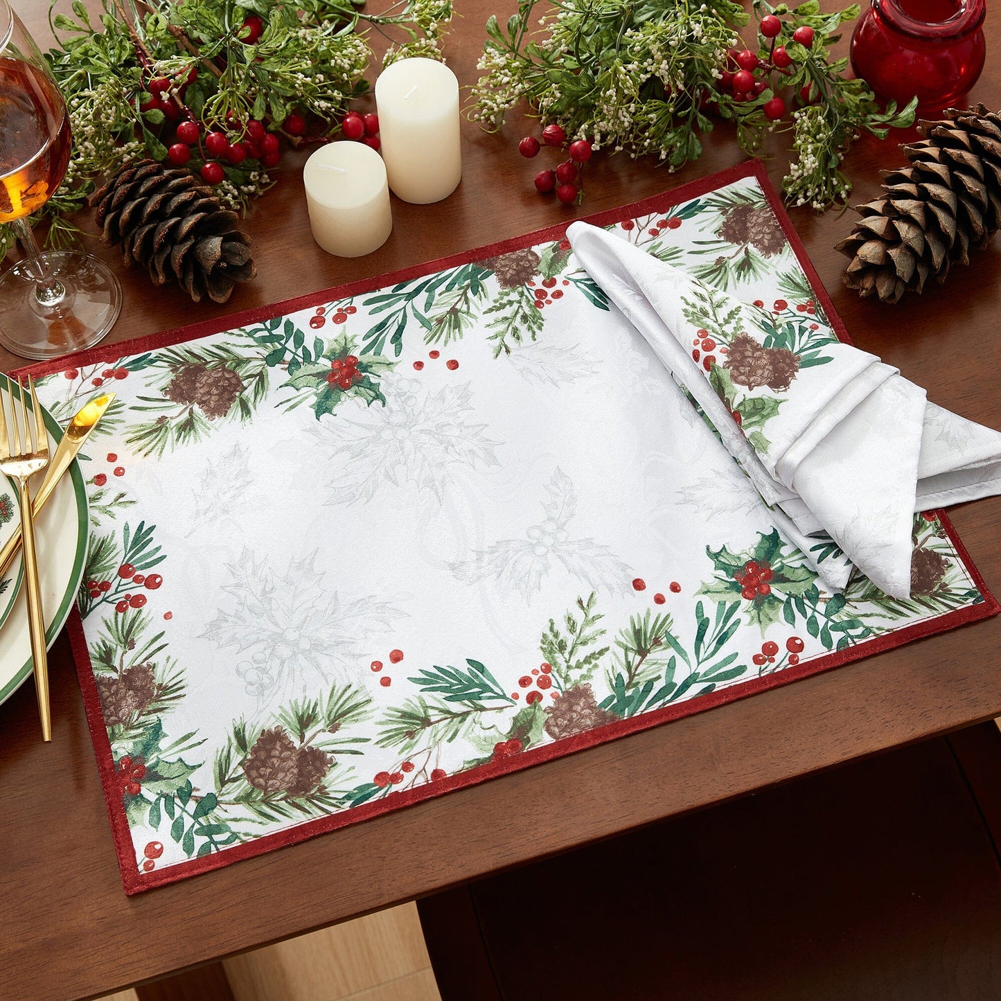 Holly Berry Flourish Holiday Fabric Placemat, Set of 4