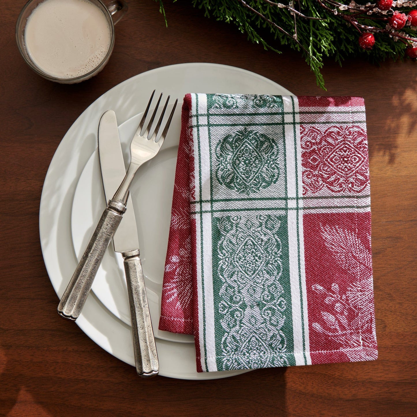Poinsettia Plaid Jacquard Napkins, Set of 8