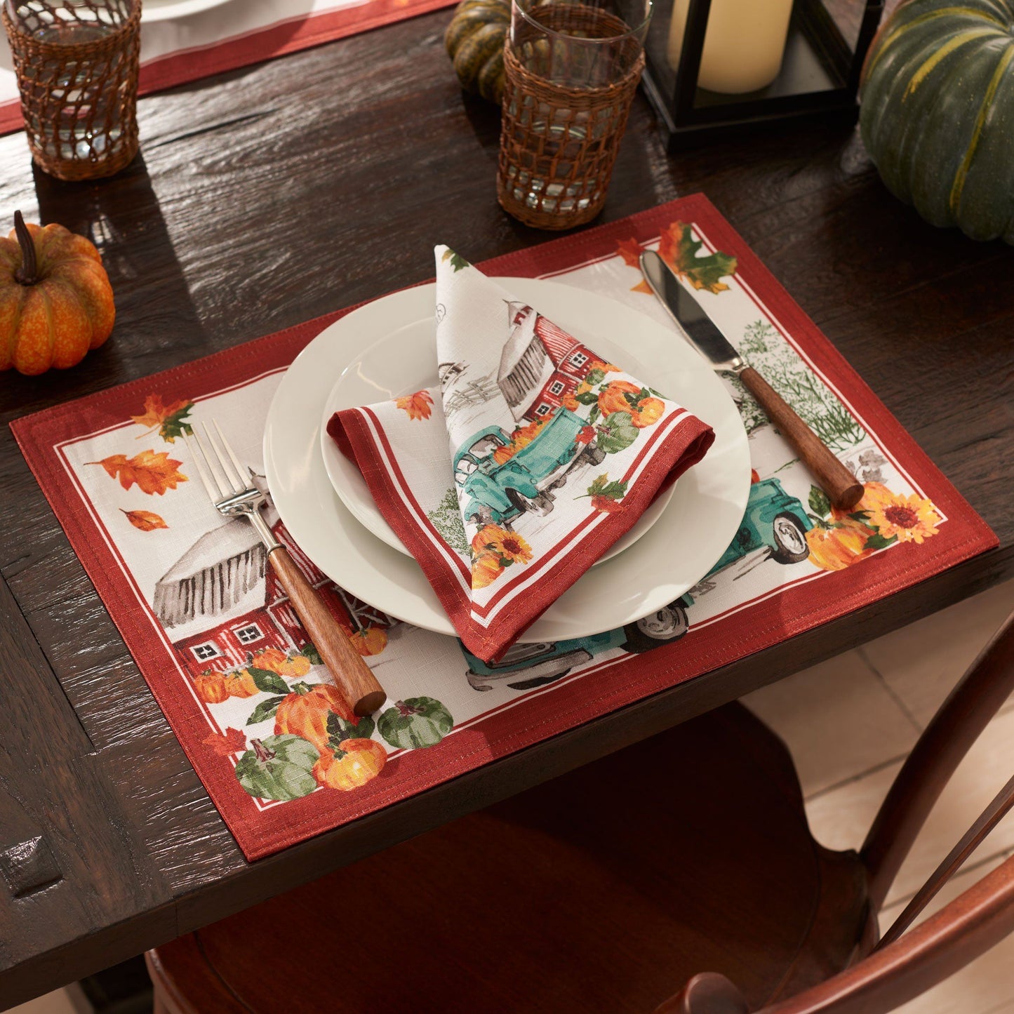 Blue farm truck, red barn and pumpkin napkin set of 4 with fall leaves center design
