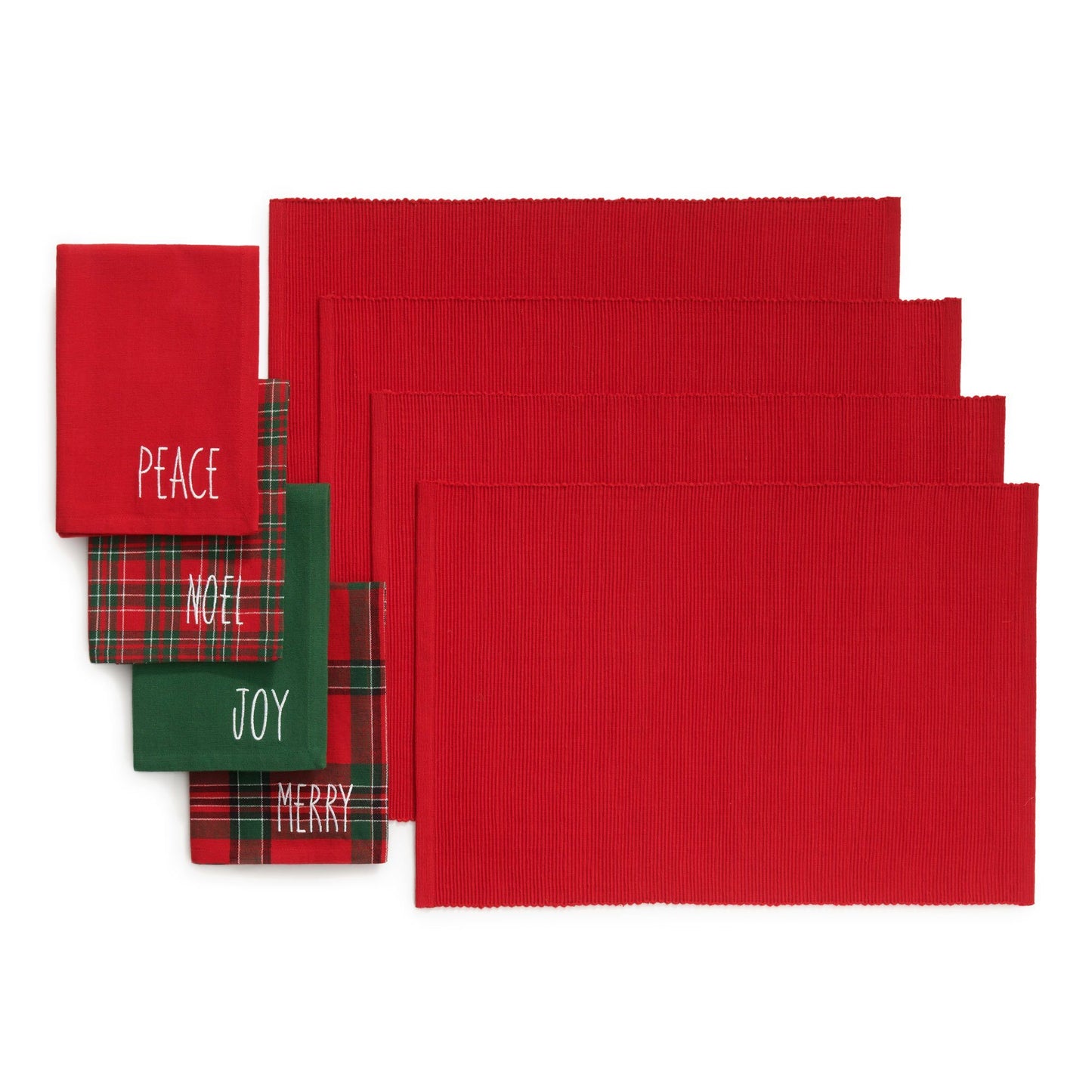 4 red placemats and coordinating mix-matched napkins. Each napkin is different. The green one says "joy" , the red one says "peace", the red/green plaid 1 says "noel", the red/green plaid 2 says "Merry"