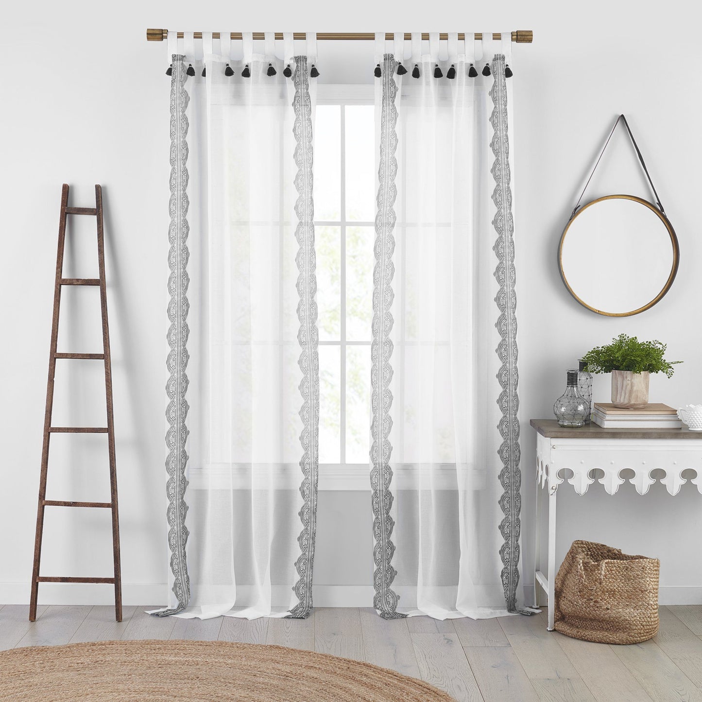 Shilo Boho Sheer Tab Top Window Curtain Panel with Tassels-Elrene Home Fashions