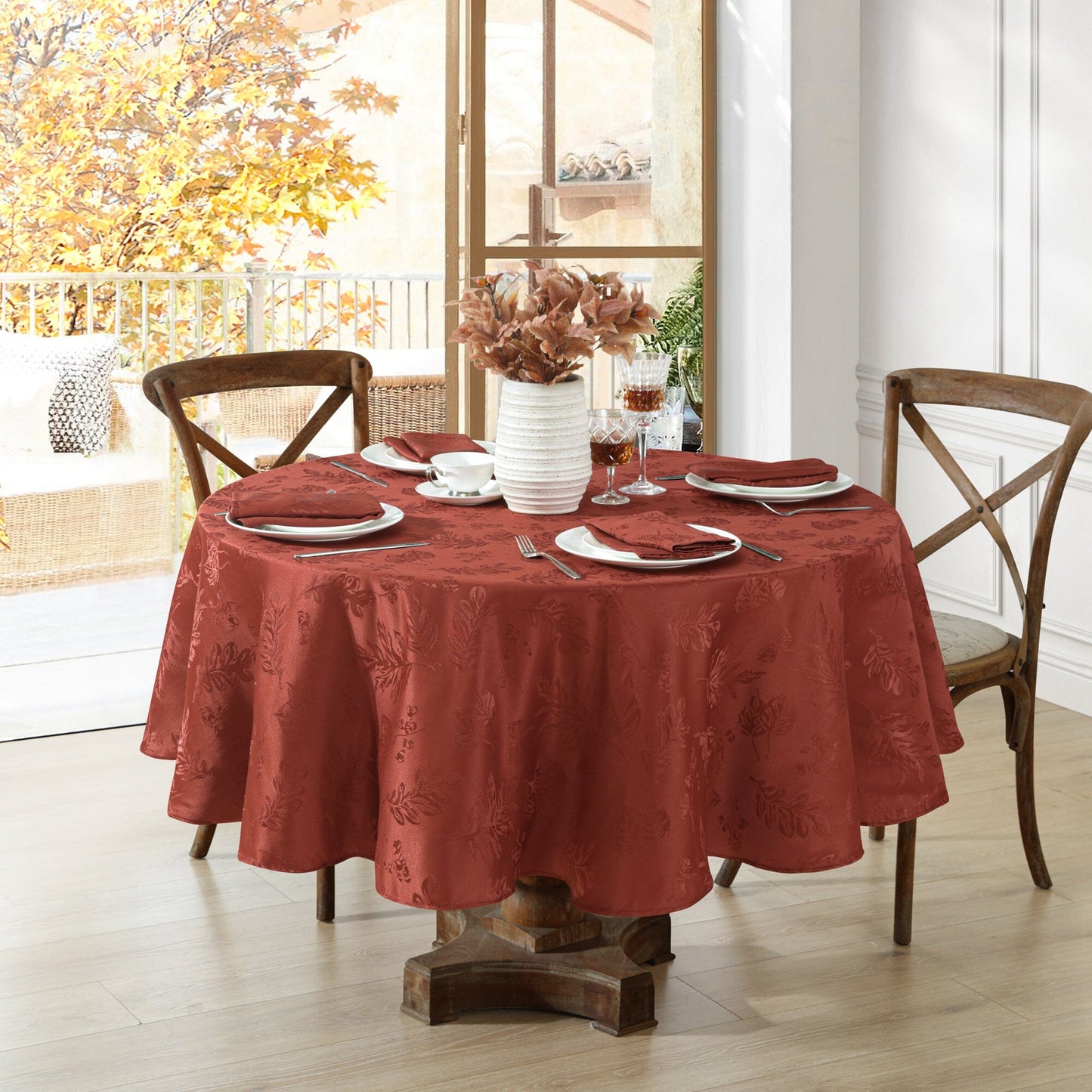 Elegante mantel de damasco jacquard con hojas tejidas