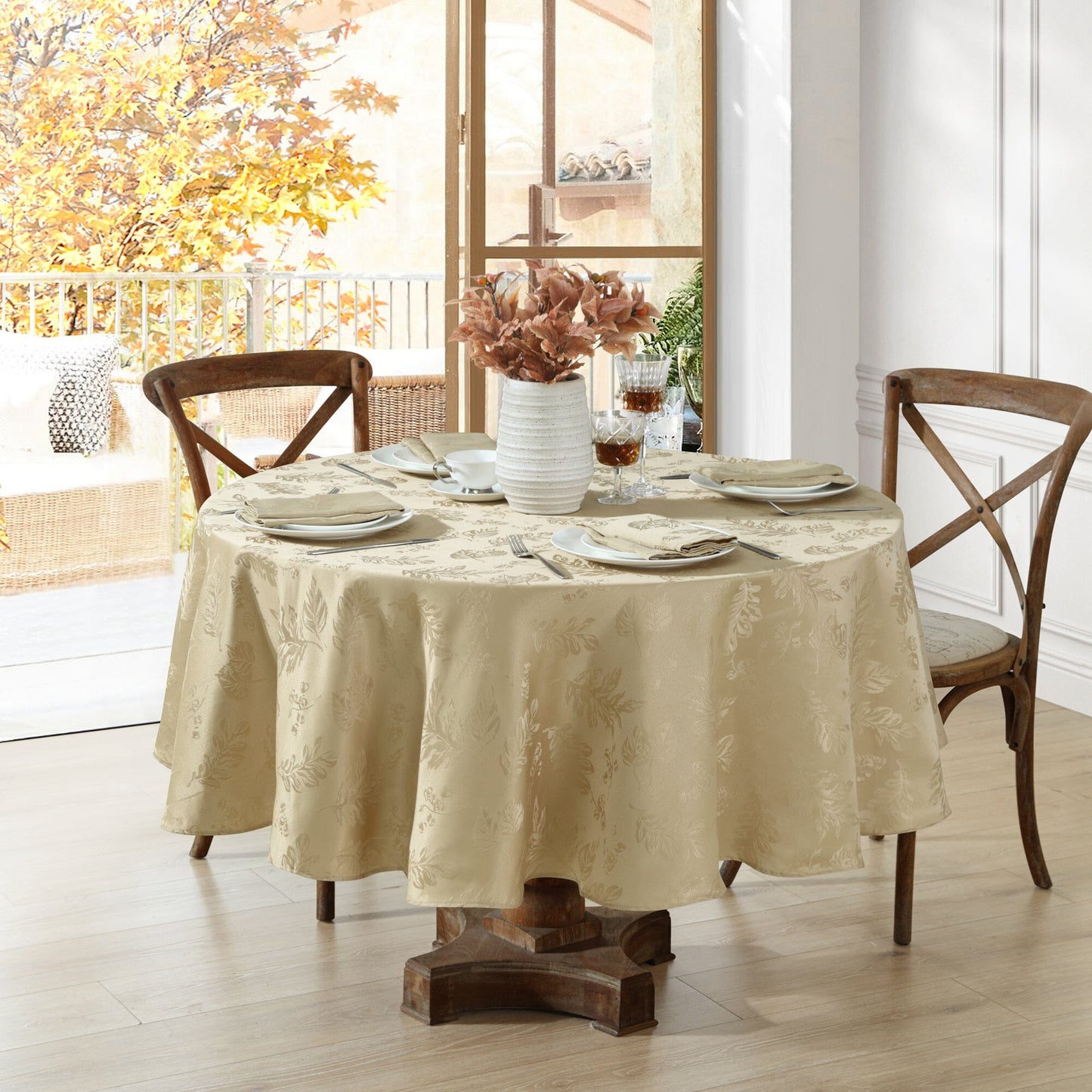 Elegante mantel de damasco jacquard con hojas tejidas