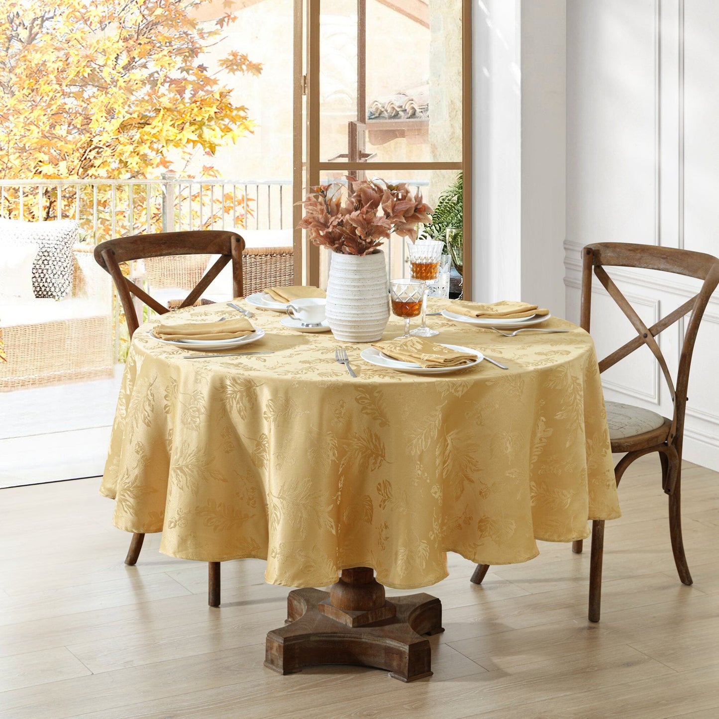 Elegante mantel de damasco jacquard con hojas tejidas