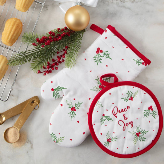 Lenox Bayberry "Peace & Joy" 2‑Piece Oven Mitt & Pot Holder Set