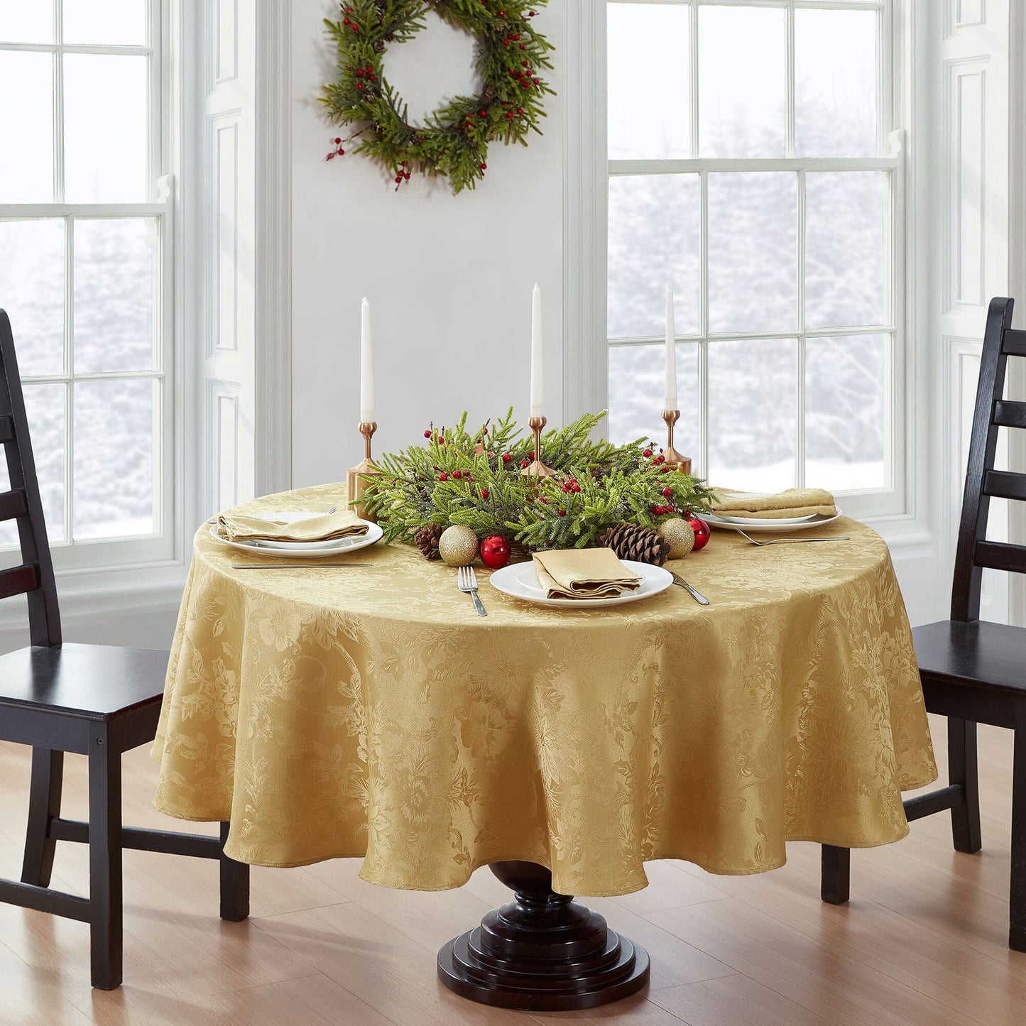 Poinsettia Elegance Jacquard Water and Stain Resistant Tablecloth