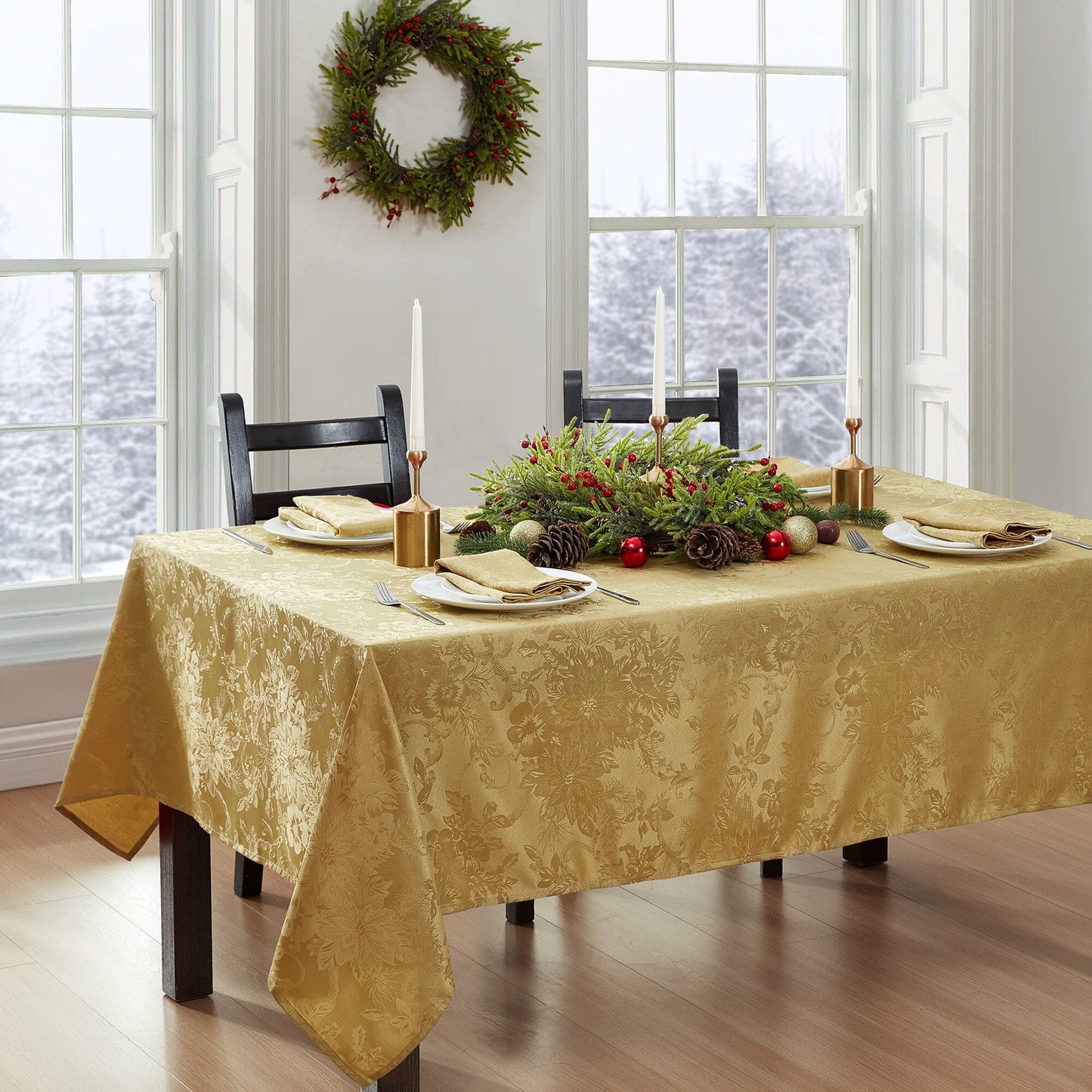 Poinsettia Elegance Jacquard Water and Stain Resistant Tablecloth