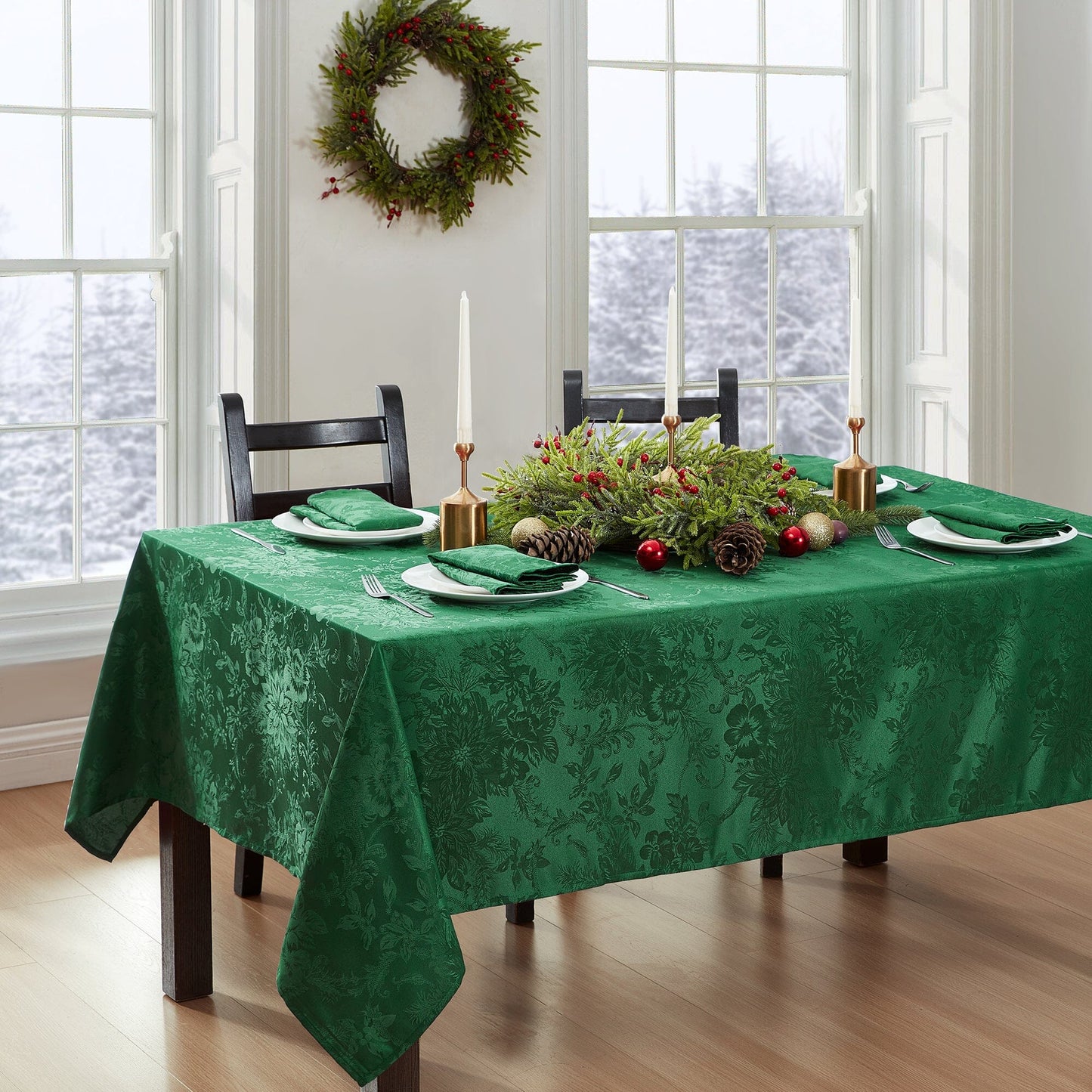 Poinsettia Elegance Jacquard Water and Stain Resistant Tablecloth