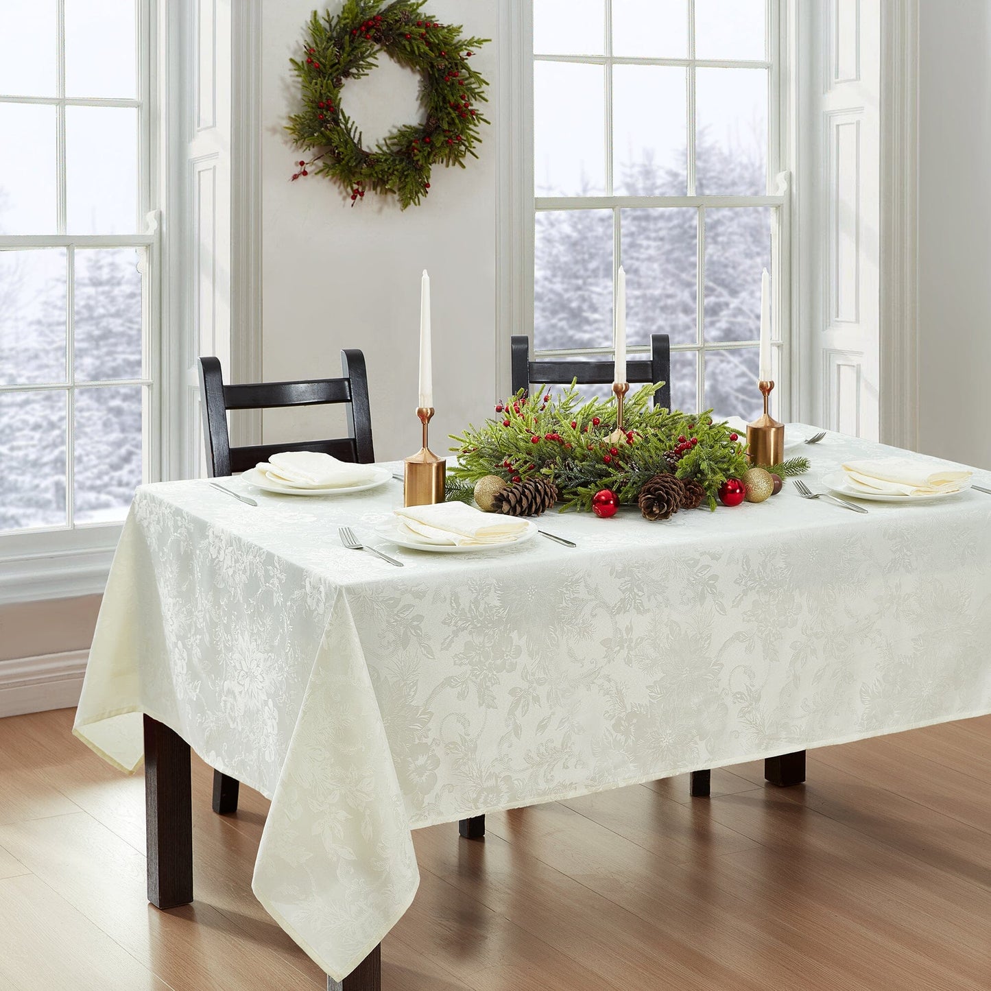 Poinsettia Elegance Jacquard Water and Stain Resistant Tablecloth