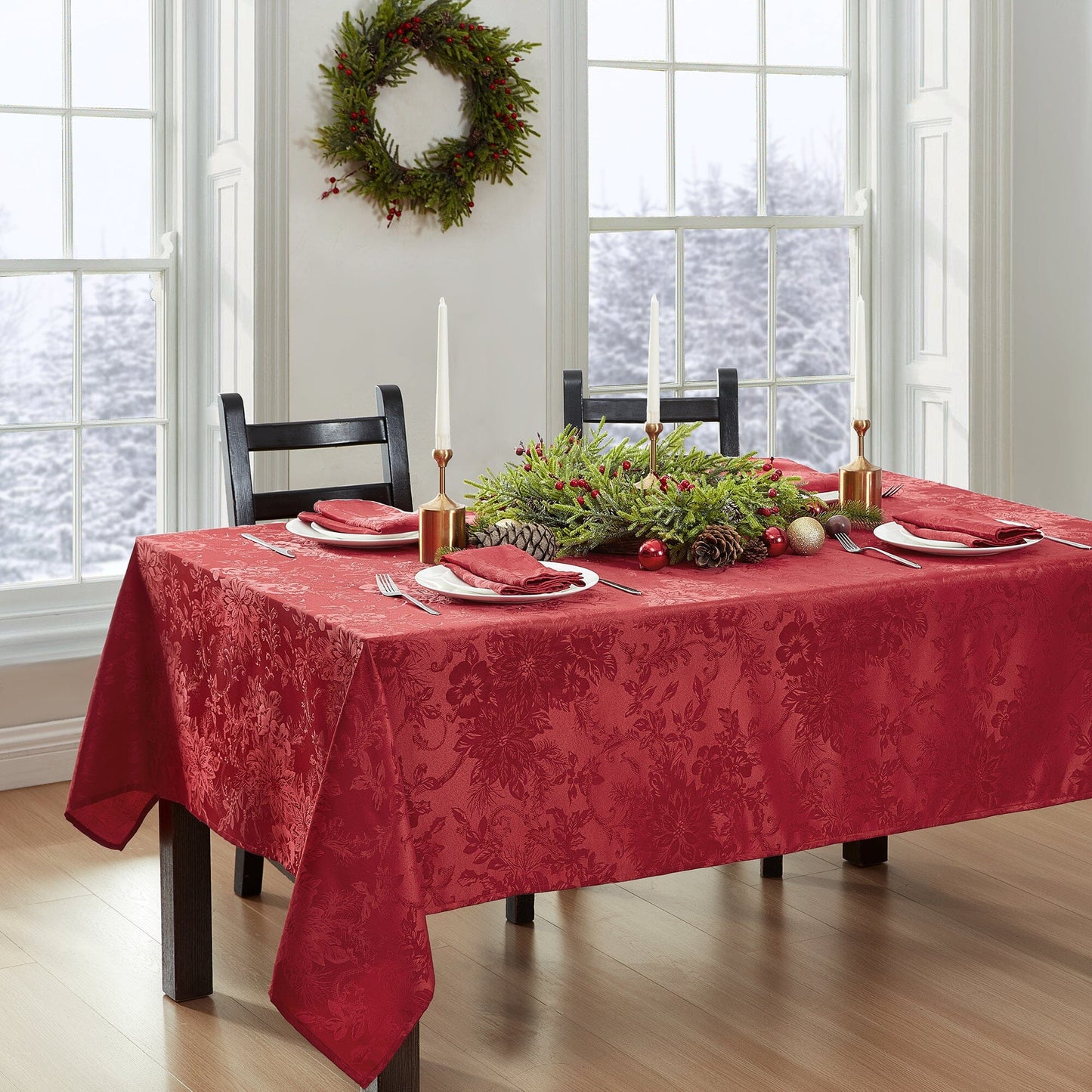 Poinsettia Elegance Jacquard Water and Stain Resistant Tablecloth