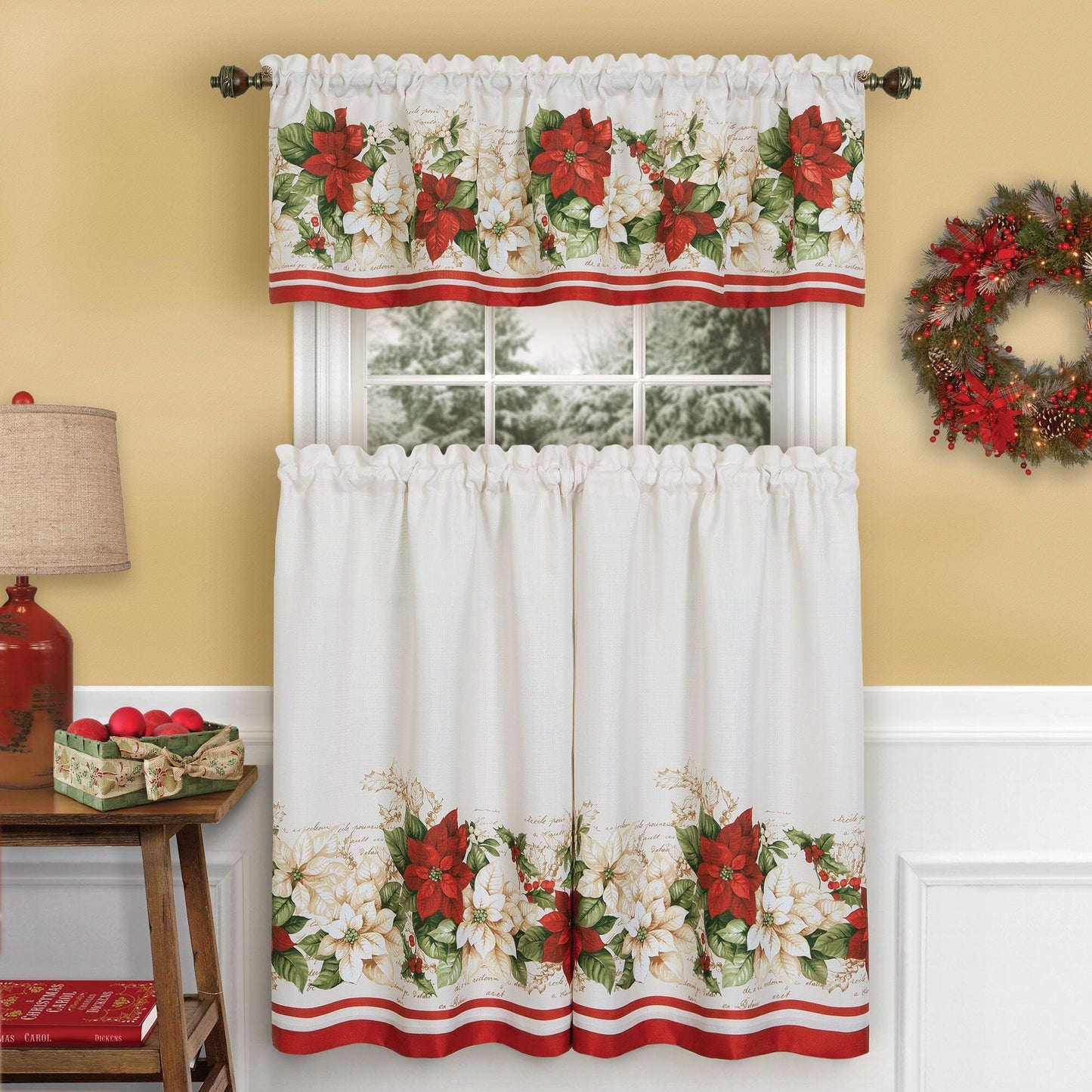 Red and White Poinsettia Elegant Ivory Holiday Kitchen Tiers and Valance, 3 Piece Set