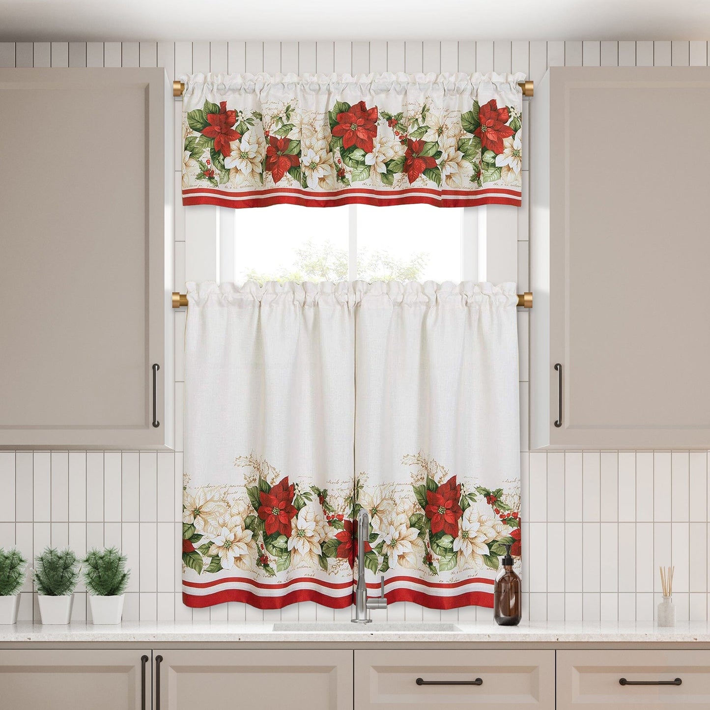 Red and White Poinsettia Elegant Ivory Holiday Kitchen Tiers and Valance, 3 Piece Set