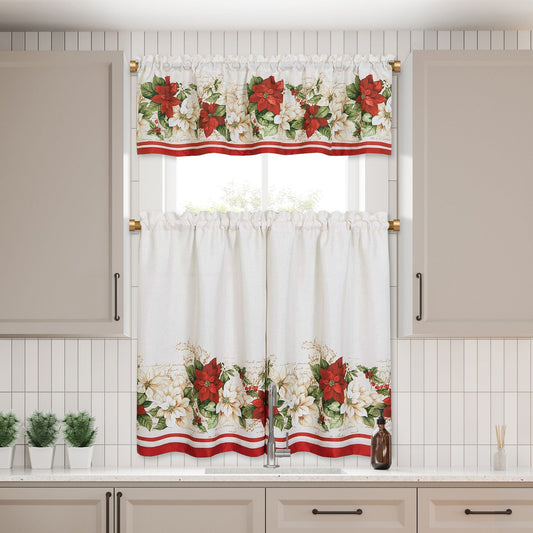 Elegante cenefa y niveles de cocina navideños en color marfil con flor de Pascua roja y blanca, juego de 3 piezas