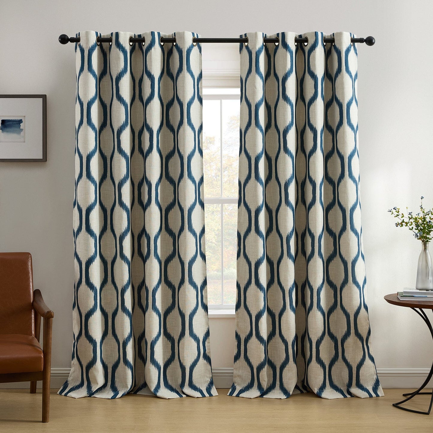 Renzo Ikat Geometric Linen Room Darkening Window Curtain