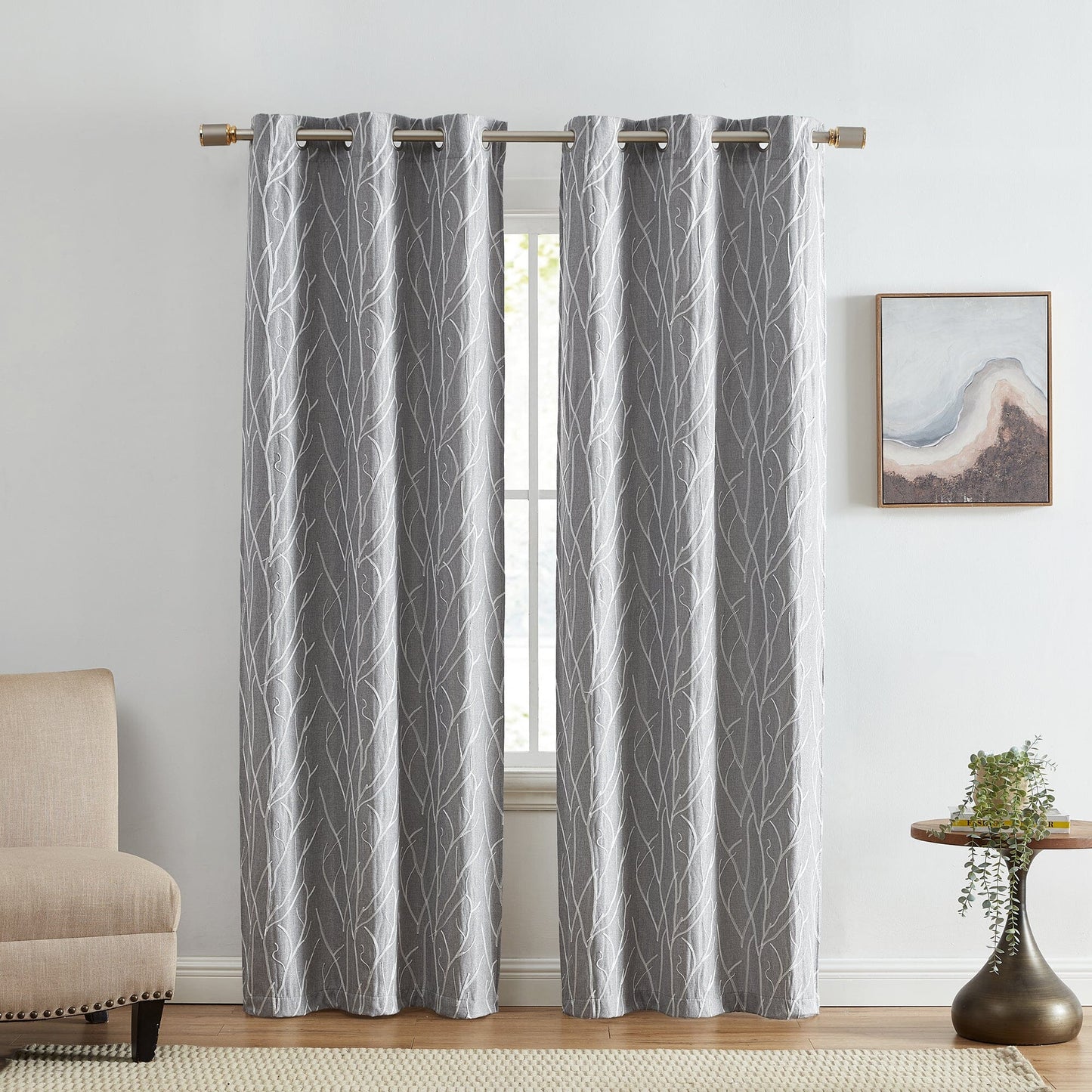 Paneles de cortina opaca para ventana bordados con motivo de ramas de Sterling, juego de 2