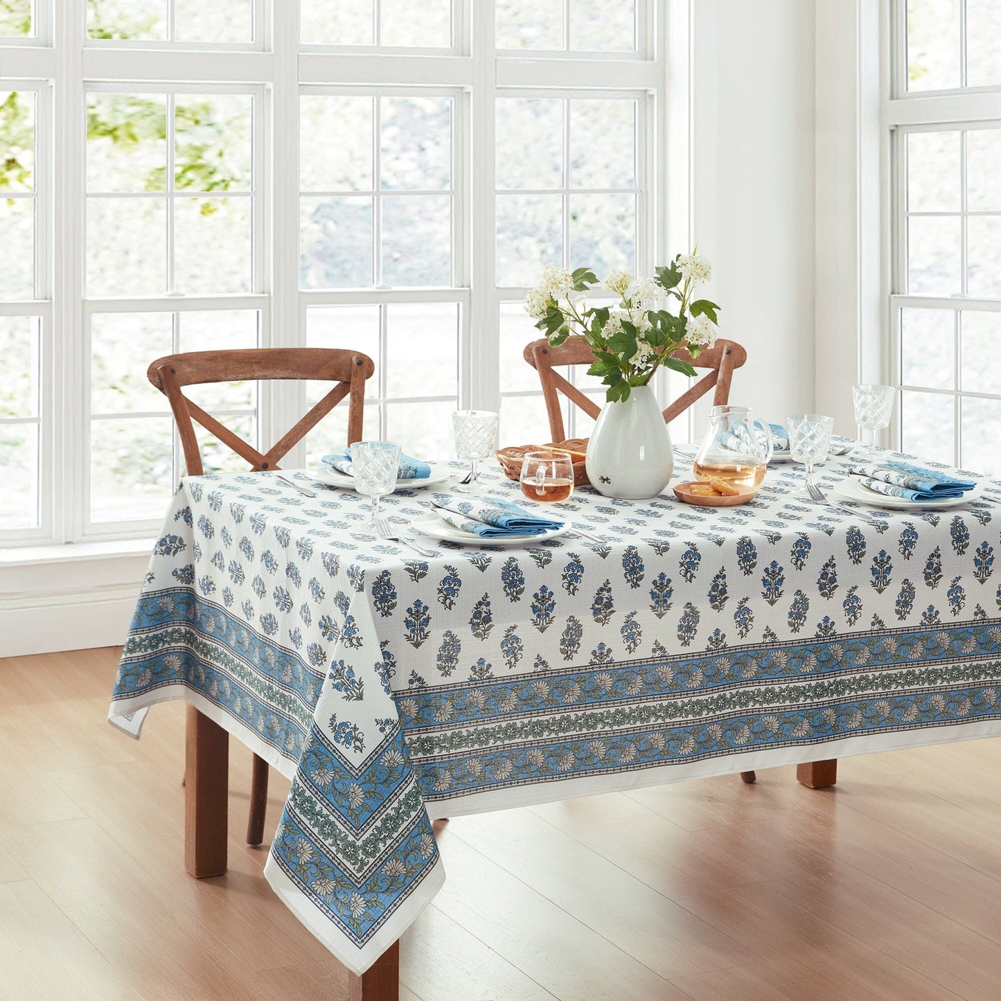 Tropez Block Print Stain & Water Resistant Indoor/Outdoor Tablecloth
