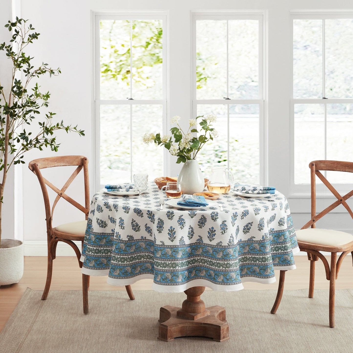 Tropez Block Print Stain & Water Resistant Indoor/Outdoor Tablecloth
