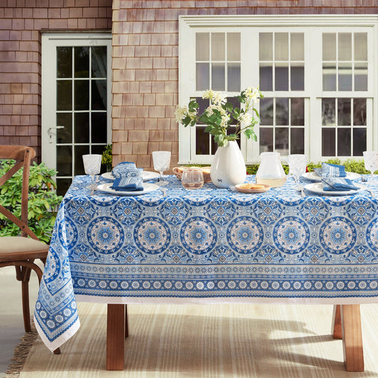 Vietri Medallion Block Print Stain & Water Resistant Indoor/Outdoor Tablecloth