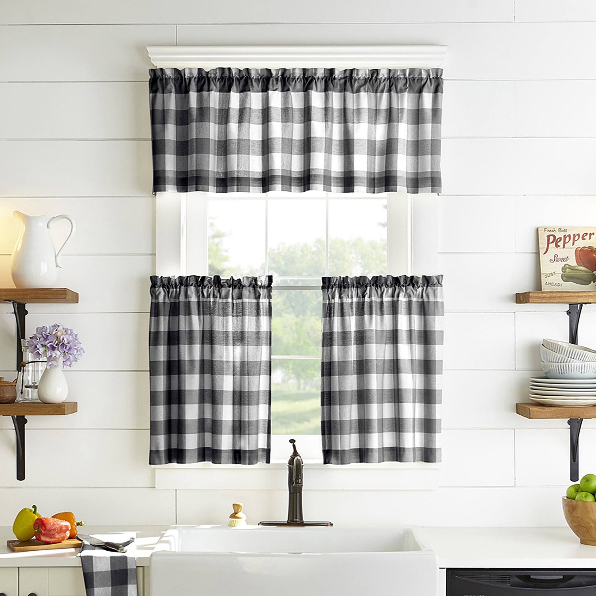 Elrene Farmhouse Living Buffalo Check 30 x 24 Window Tier Set, Black