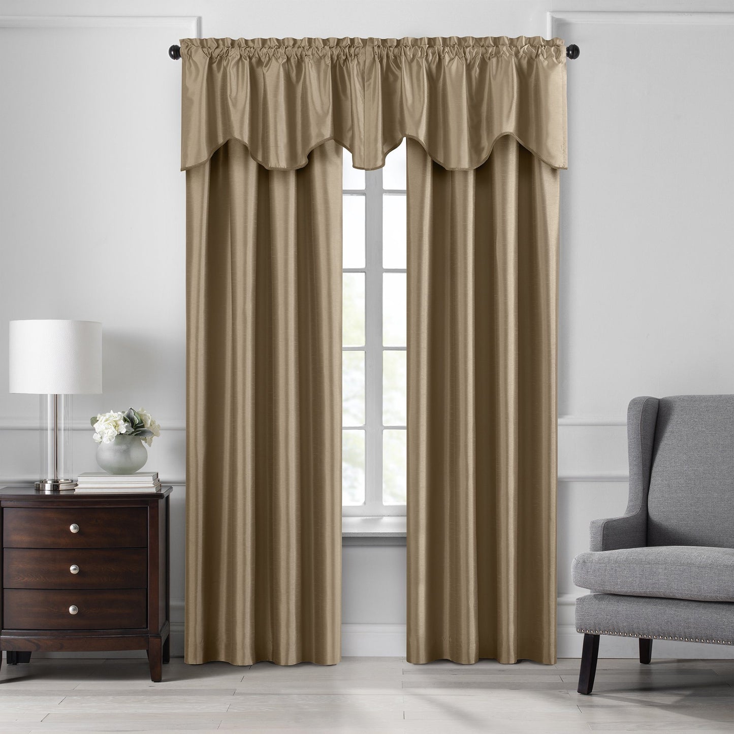 Colette Faux Silk Blackout Window Curtain & Scallop Valance-Elrene Home Fashions