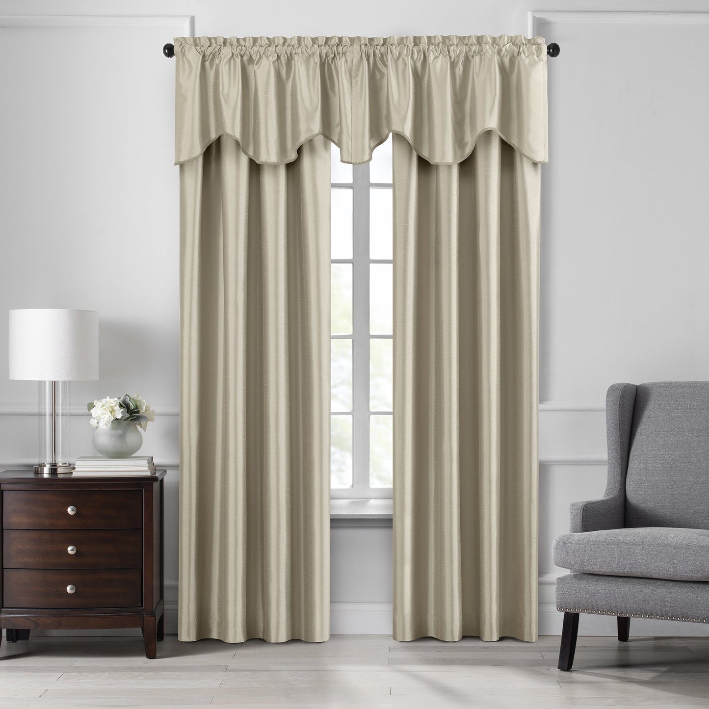 Colette Faux Silk Blackout Window Curtain & Scallop Valance-Elrene Home Fashions