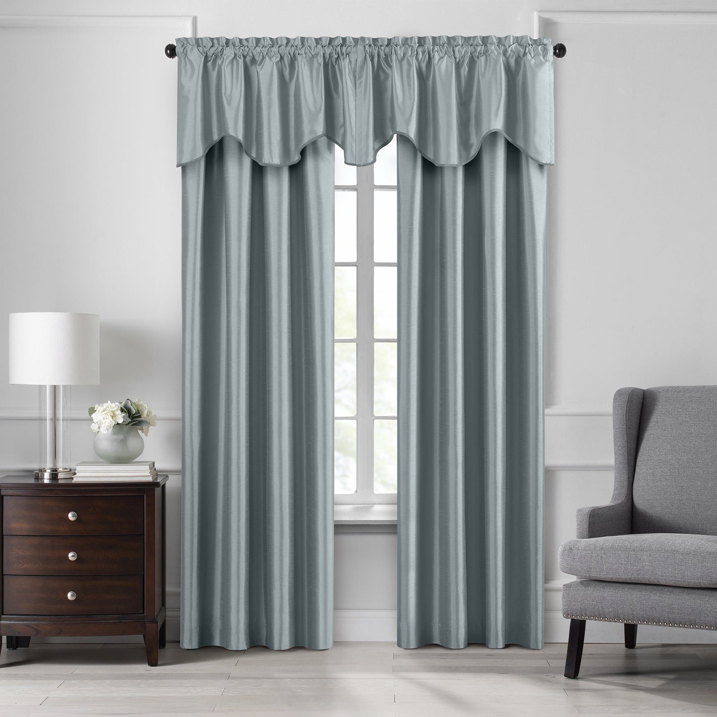 Colette Faux Silk Blackout Window Curtain & Scallop Valance-Elrene Home Fashions