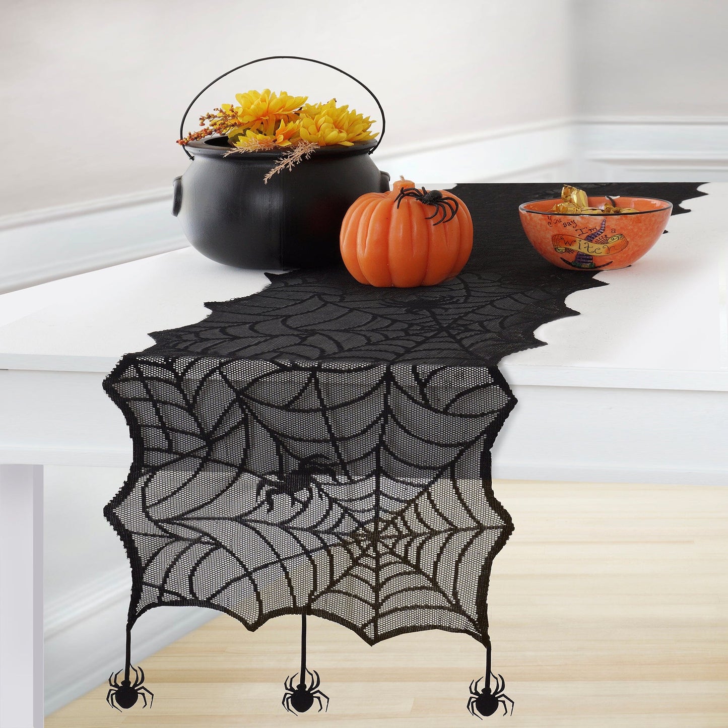 Crawling Halloween Spider Lace Table Runner and Mantle Scarf