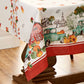 Blue farm truck, red barn and pumpkin boarder tablecloth with fall leaves center design