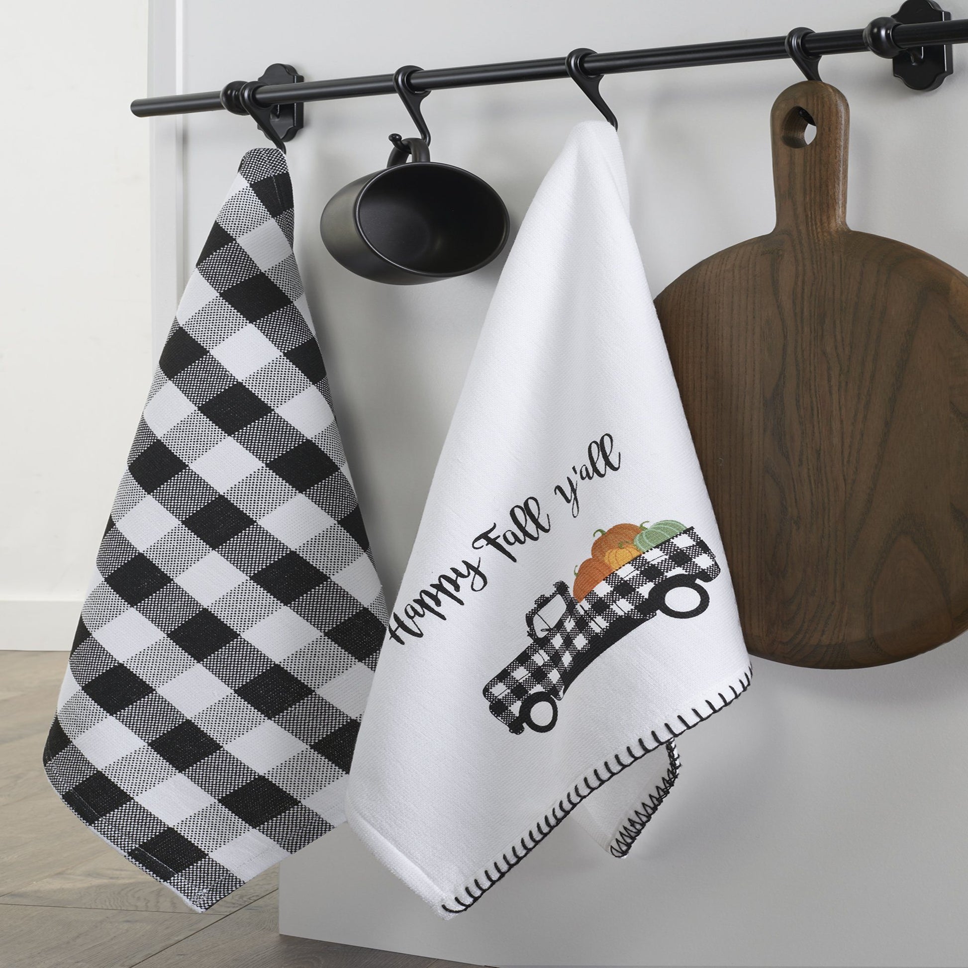 Elrene Farmhouse Living Stripe and Check Kitchen Towels - Set of 3 - Tan/White