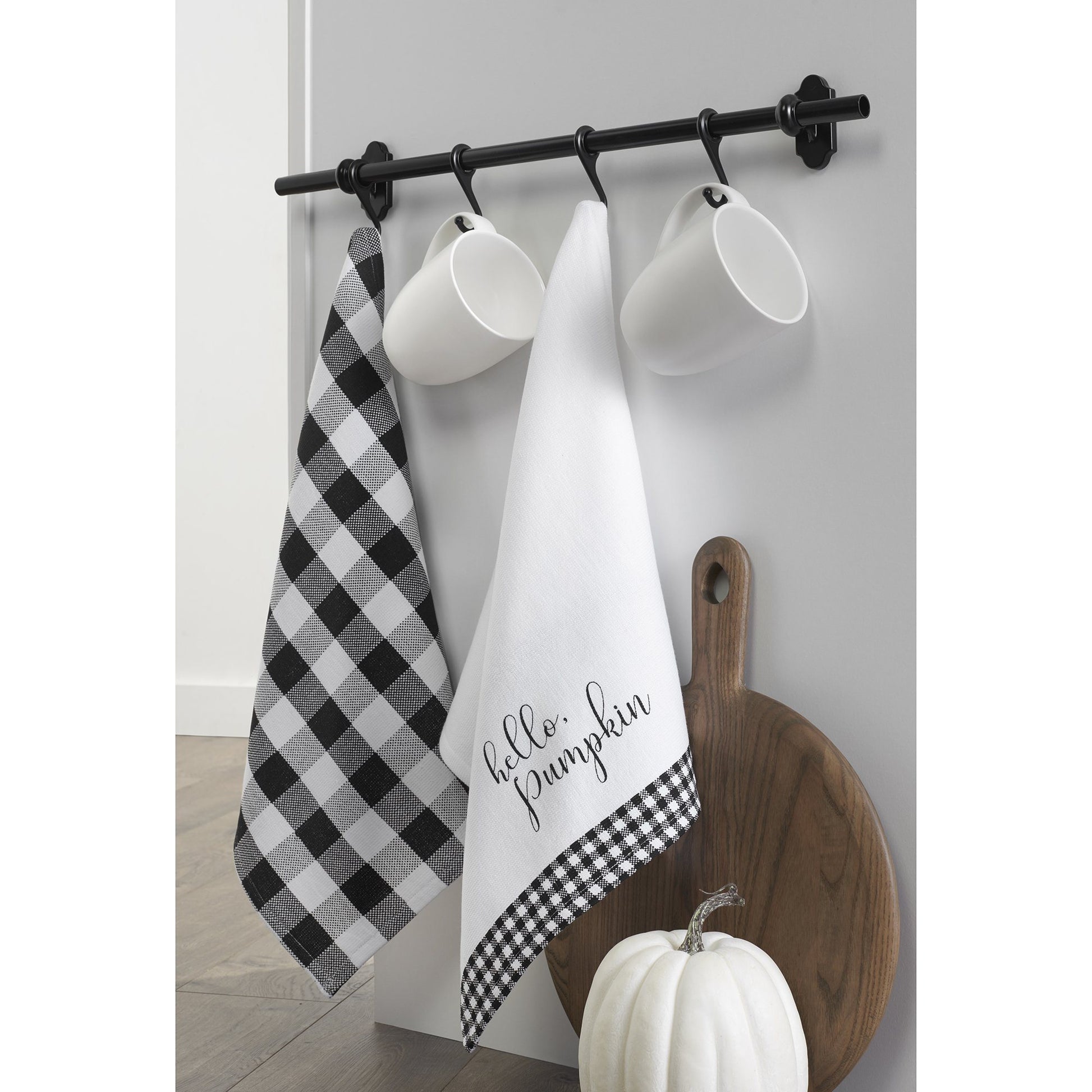 Elrene Hello Pumpkin and Check Kitchen Towel Set - Black/White