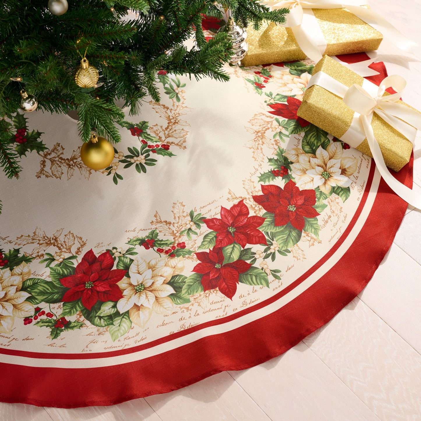Red and White Poinsettias Christmas Tree Skirt