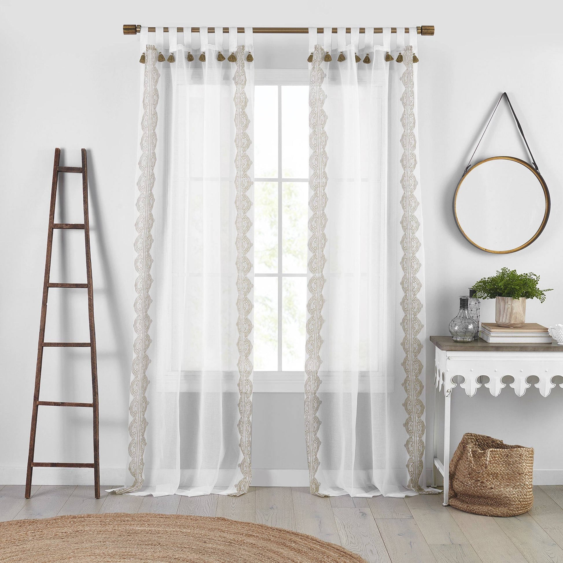 Shilo Boho Sheer Tab Top Window Curtain Panel with Tassels-Elrene Home Fashions