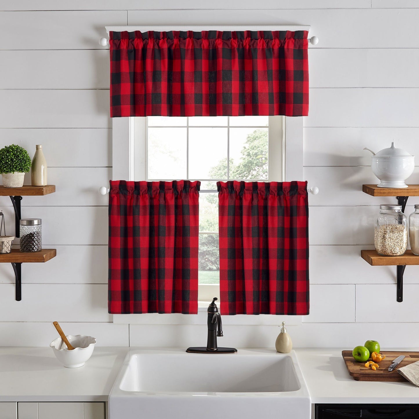 buffalo check red and black farmhouse style kitchen tiers and valance