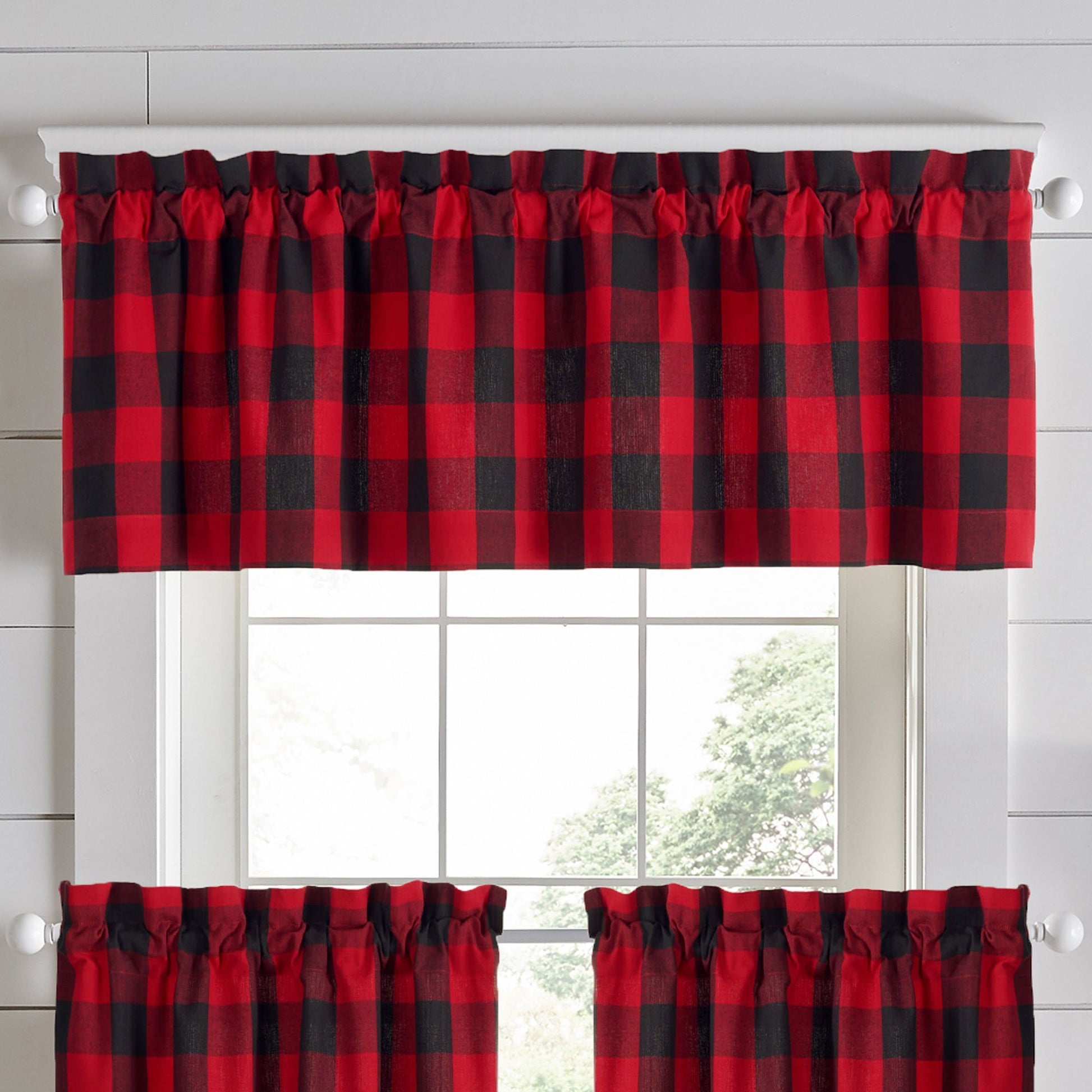 buffalo check red and black farmhouse style kitchen tiers and valance