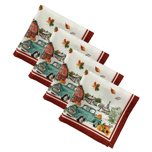 Blue farm truck, red barn and pumpkin napkin set of 4 with fall leaves center design
