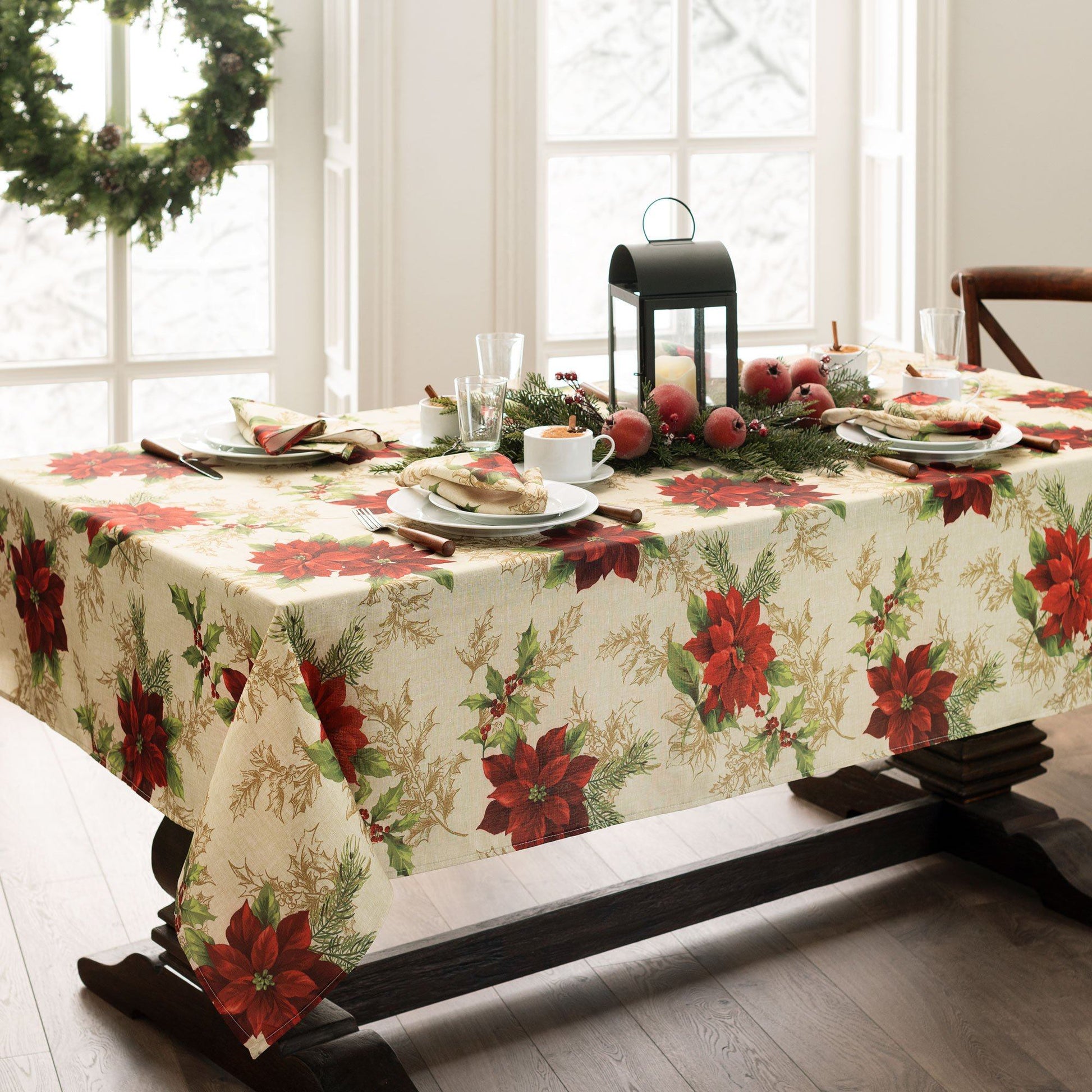 Festive Poinsettia Holiday Fabric Tablecloth-Elrene Home Fashions