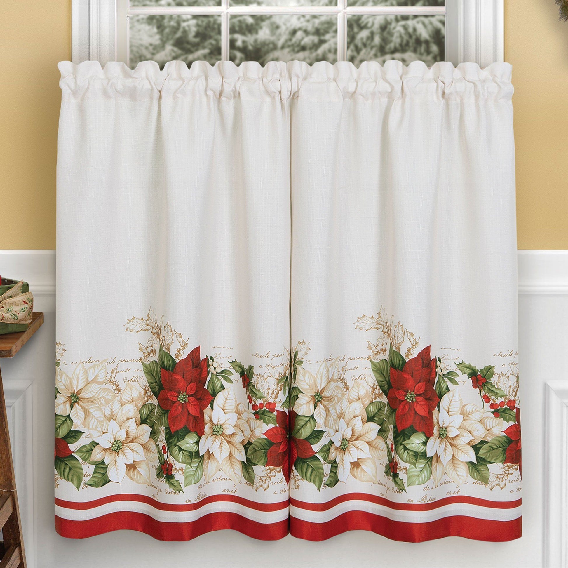 Red and White Poinsettia Elegant Ivory Holiday Kitchen Tiers and Valance, 3 Piece Set-Elrene Home Fashions