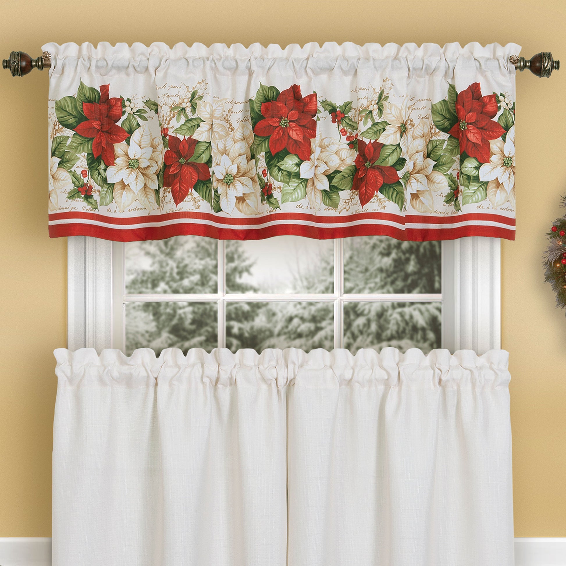 Red and White Poinsettia Elegant Ivory Holiday Kitchen Tiers and Valance, 3 Piece Set-Elrene Home Fashions
