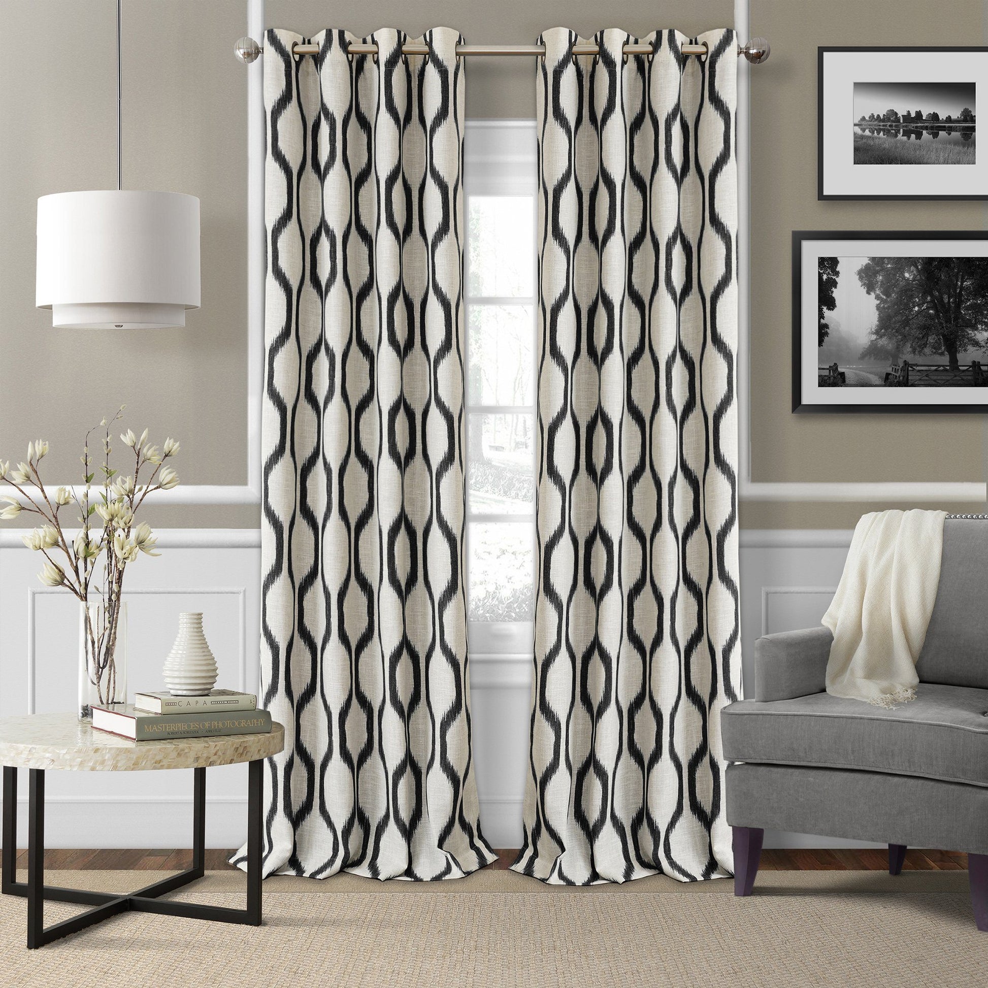 Renzo Ikat Geometric Linen Room Darkening Window Curtain