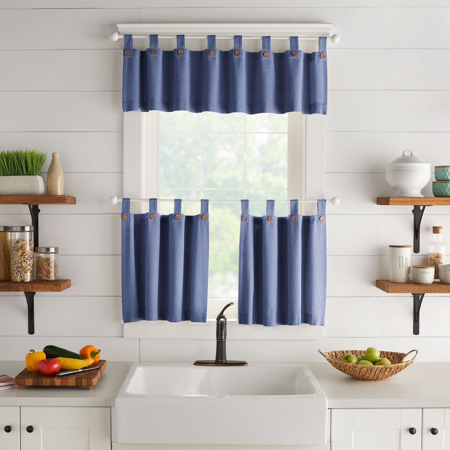 Tucker Solid Button Window Tier Set & Valance-Elrene Home Fashions