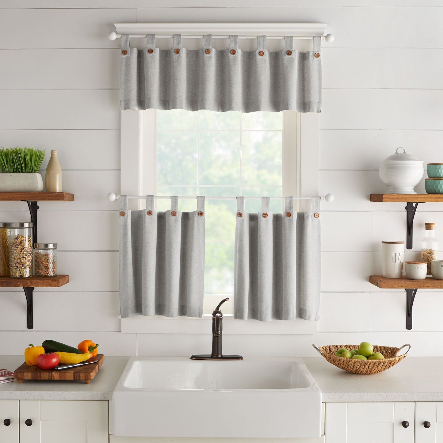 Tucker Solid Button Window Tier Set & Valance-Elrene Home Fashions