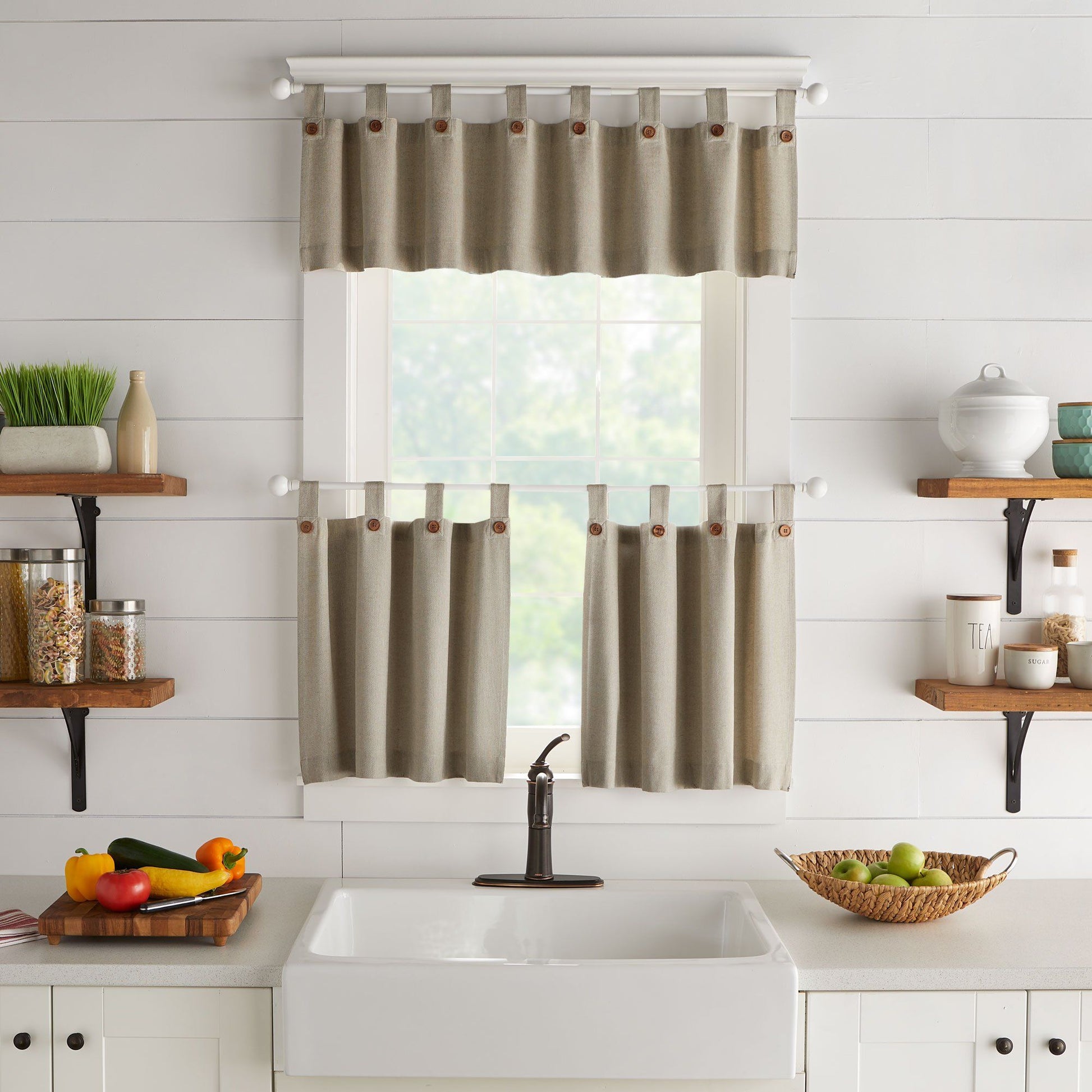 Tucker Solid Button Window Tier Set & Valance-Elrene Home Fashions