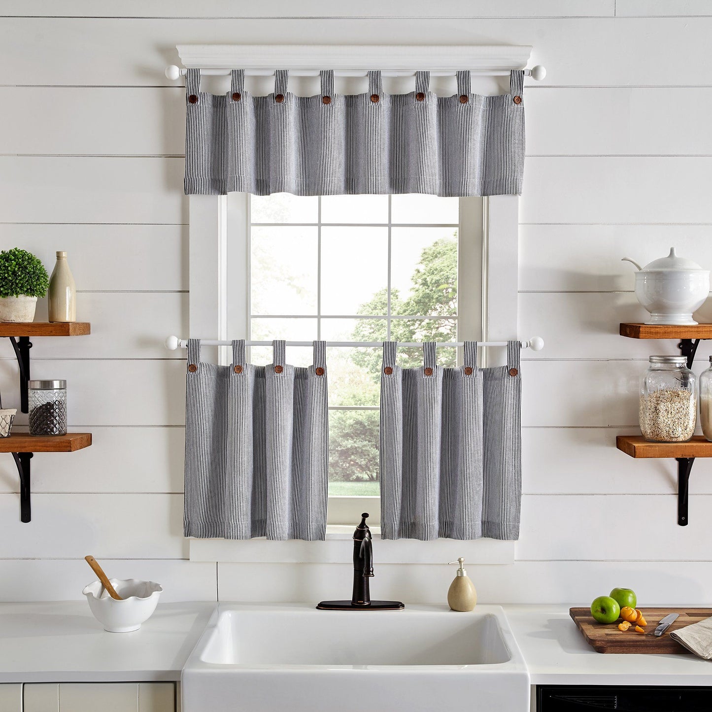 Tucker Ticking Stripe Button Tab Top Window Tier and Valance