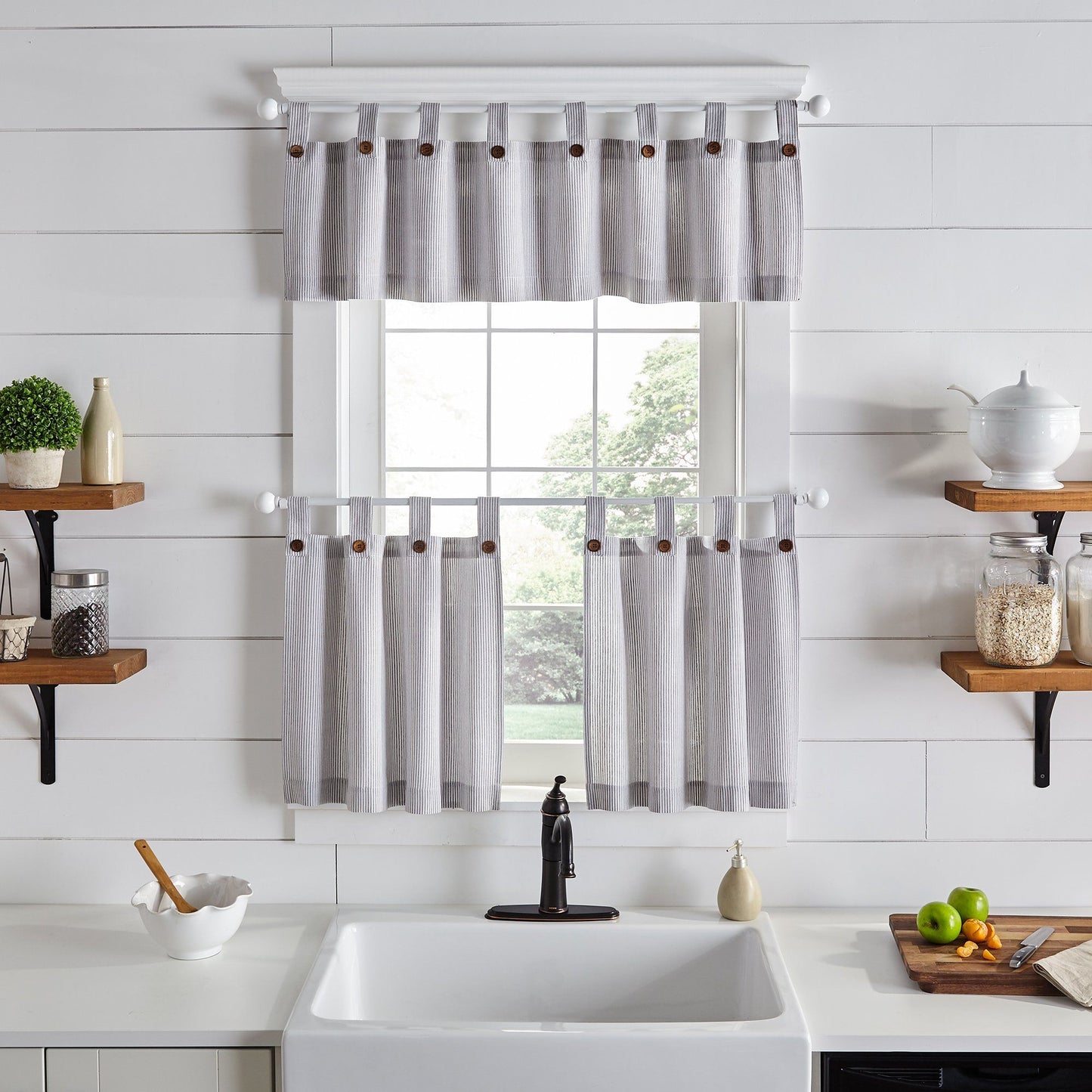 Tucker Ticking Stripe Button Tab Top Window Tier and Valance