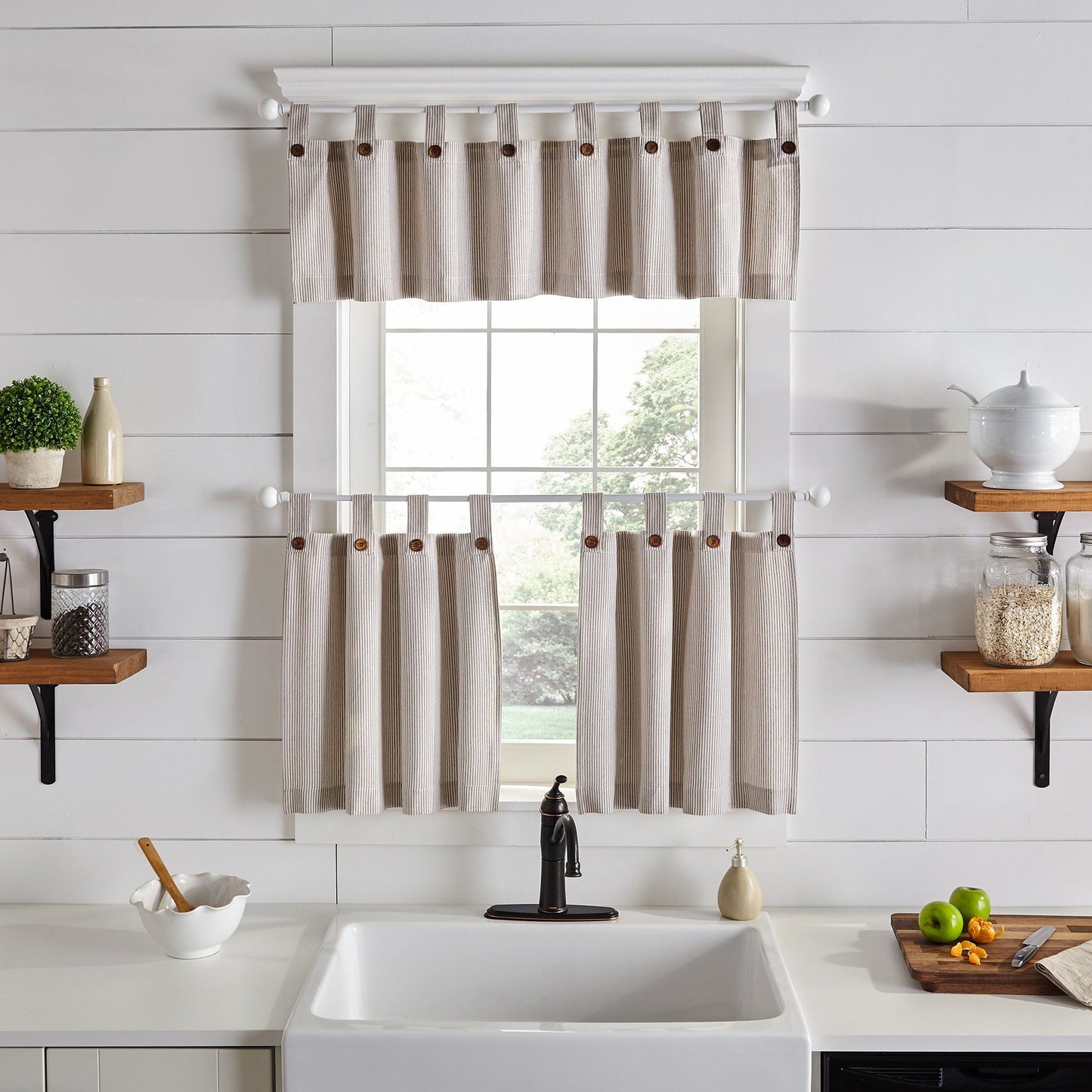 Tucker Ticking Stripe Button Tab Top Window Tier and Valance