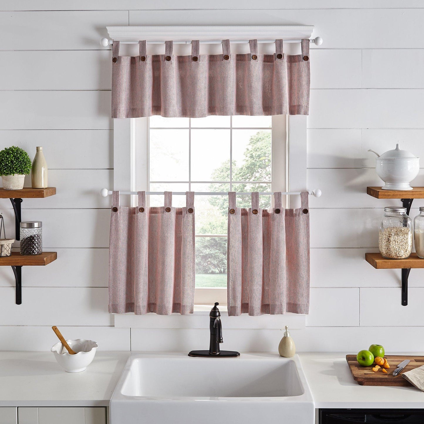 Tucker Ticking Stripe Button Tab Top Window Tier and Valance