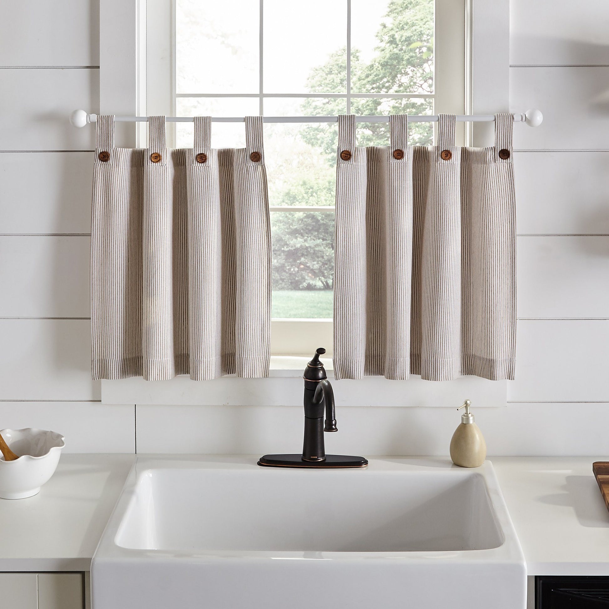 Tucker Ticking Stripe Button Tab Top Window Tier and Valance-Elrene Home Fashions