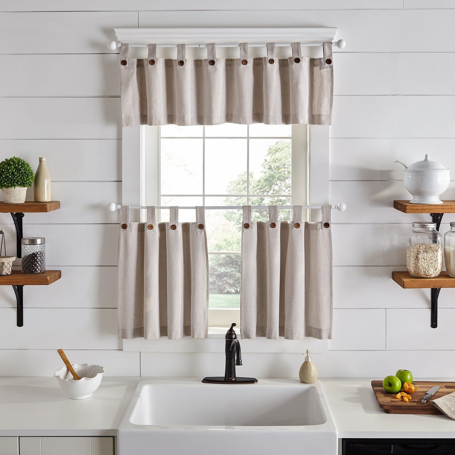 Tucker Ticking Stripe Button Tab Top Window Tier and Valance-Elrene Home Fashions