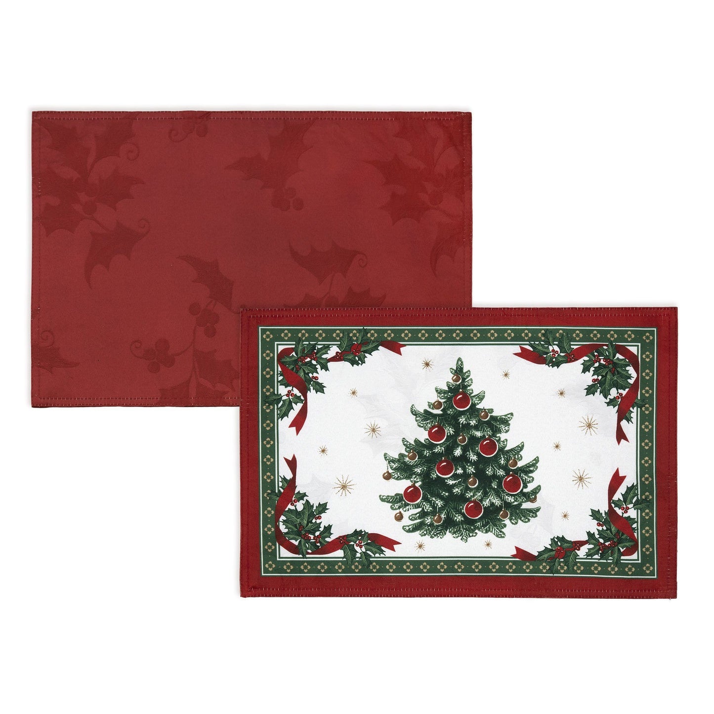 Set of 4 placemats with a white holly damask design on background, a christmas tree in the center and a holly and red ribbon border. The backside is also reversible with a solid red color and holly damask design