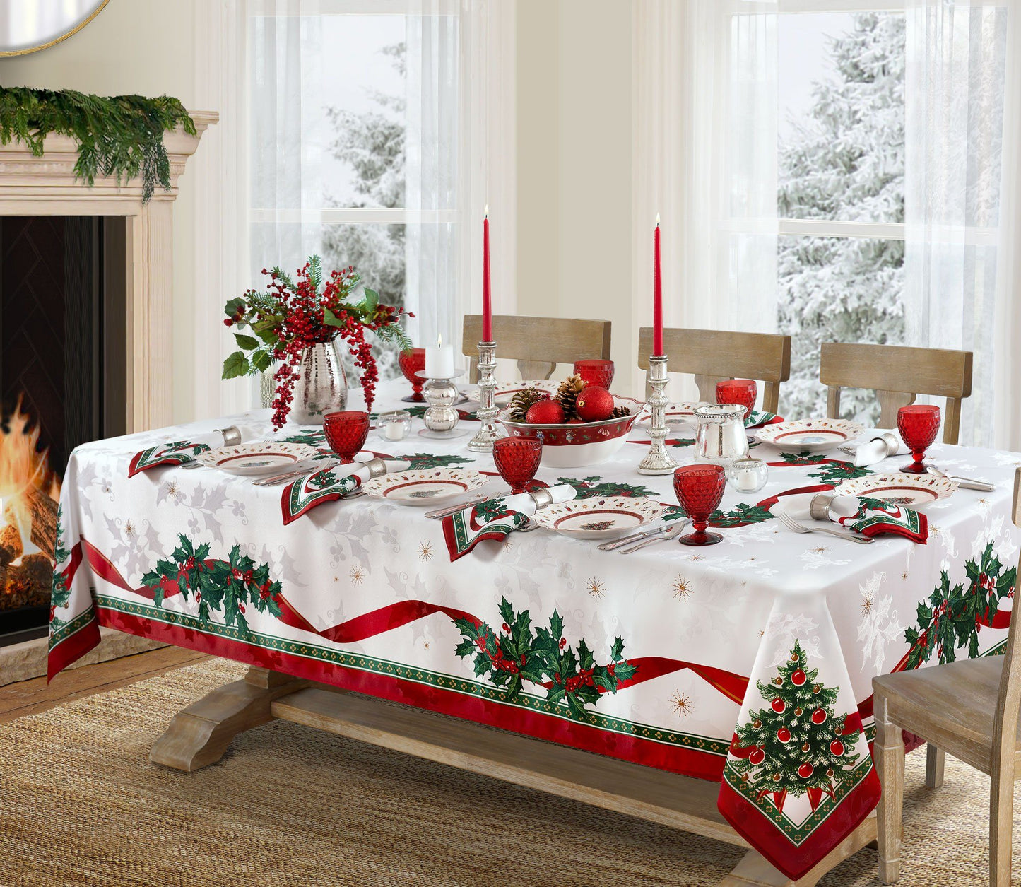 White holiday tablecloth with holly damask designs all over, red ribbon design border and red and green holly and Christmas trees along the ribbon border